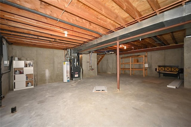 unfinished basement featuring water heater and heating unit