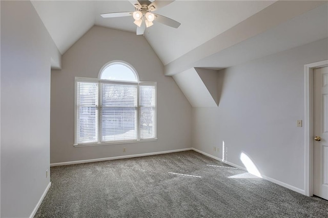 bonus room with baseboards, carpet, lofted ceiling, and a ceiling fan