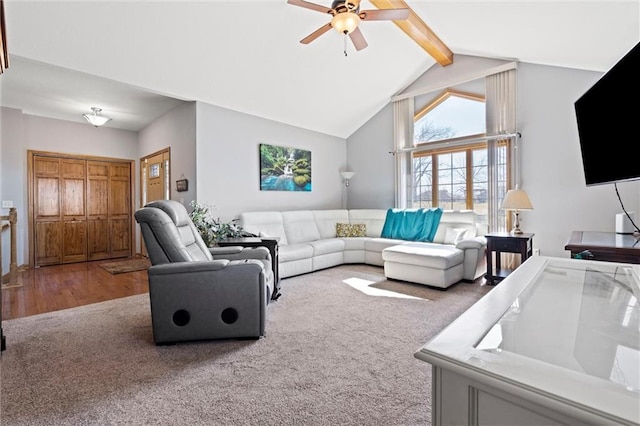 living area with lofted ceiling with beams, carpet floors, and ceiling fan