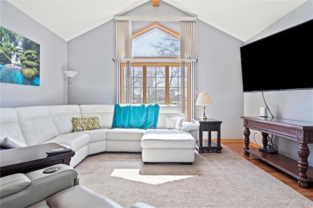 living room featuring wood finished floors and vaulted ceiling