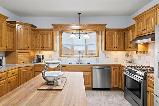 kitchen with backsplash, under cabinet range hood, decorative light fixtures, stainless steel appliances, and a sink