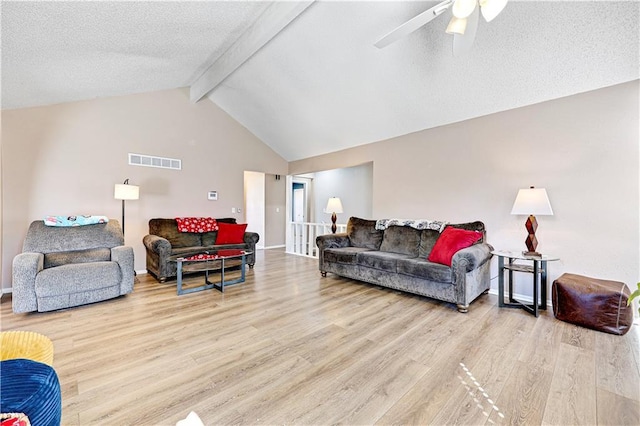 living area with visible vents, wood finished floors, a textured ceiling, high vaulted ceiling, and beam ceiling