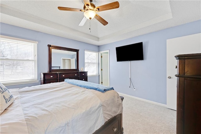 bedroom featuring carpet floors, a raised ceiling, and multiple windows