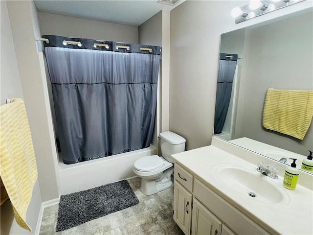 full bath with visible vents, toilet, vanity, and shower / bathtub combination with curtain