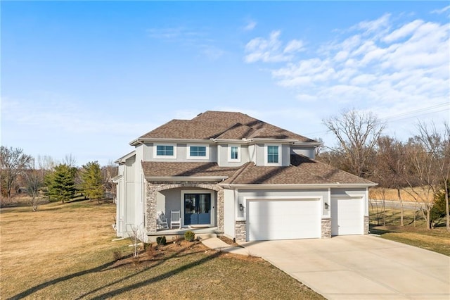 view of front of property featuring a front yard, stucco siding, covered porch, a garage, and stone siding