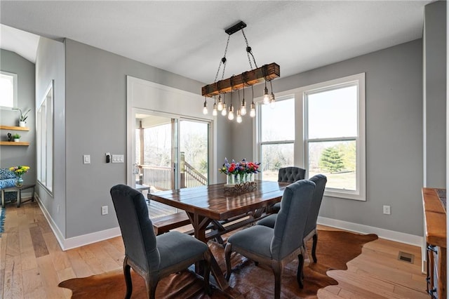 dining space featuring light wood finished floors, visible vents, and baseboards