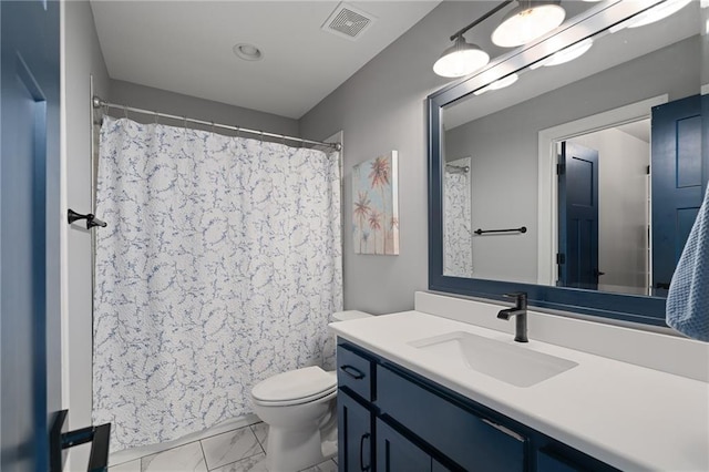 bathroom featuring visible vents, toilet, marble finish floor, curtained shower, and vanity