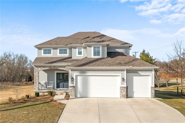 view of front of property featuring covered porch, stucco siding, concrete driveway, a garage, and stone siding