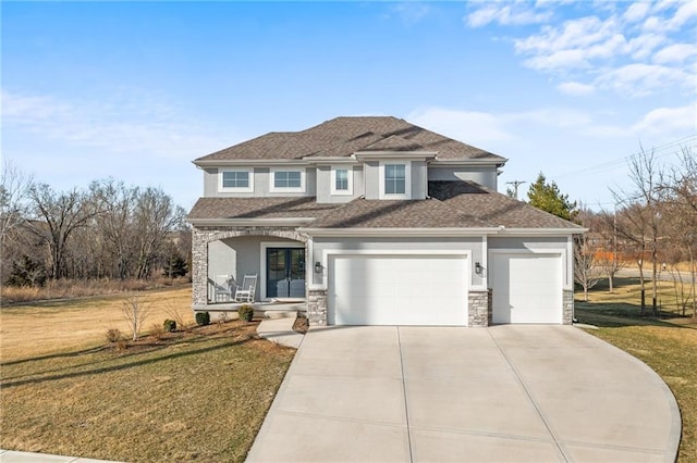 view of front facade with a porch, an attached garage, stucco siding, a front lawn, and stone siding