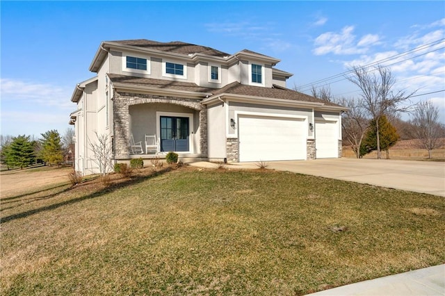 view of front of house with concrete driveway, a front lawn, stone siding, and stucco siding