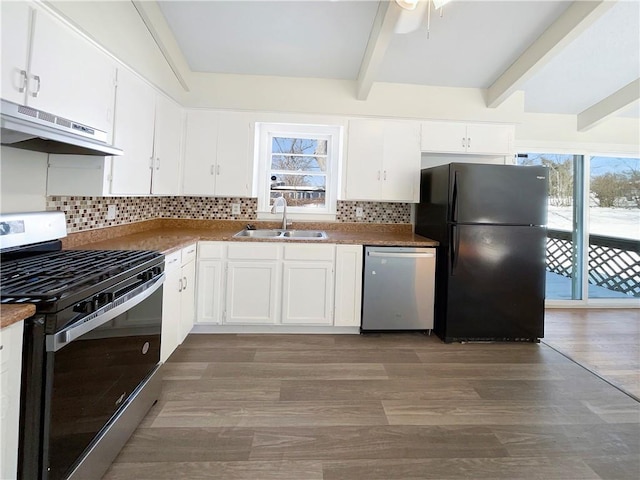 kitchen with appliances with stainless steel finishes, a healthy amount of sunlight, a sink, and under cabinet range hood