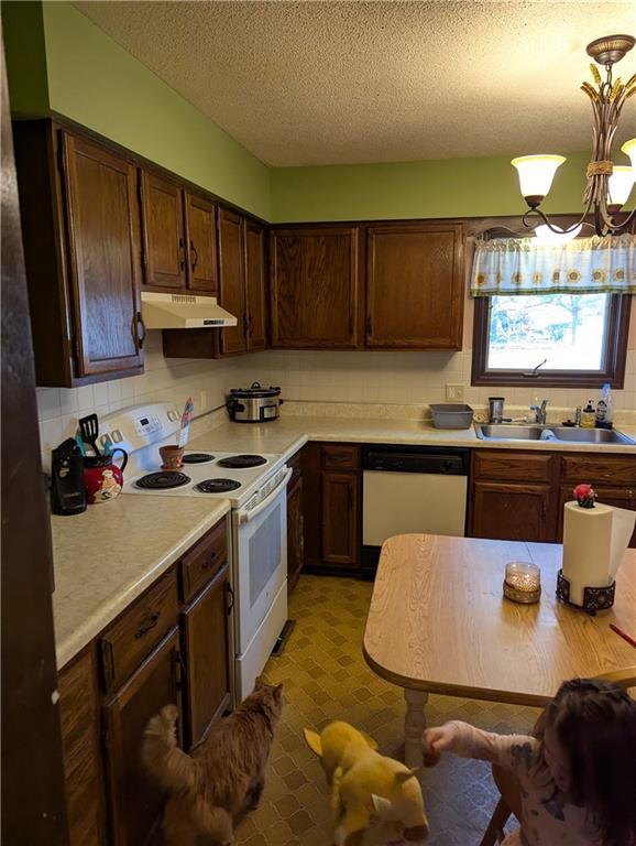 kitchen with a notable chandelier, a sink, under cabinet range hood, white appliances, and light countertops