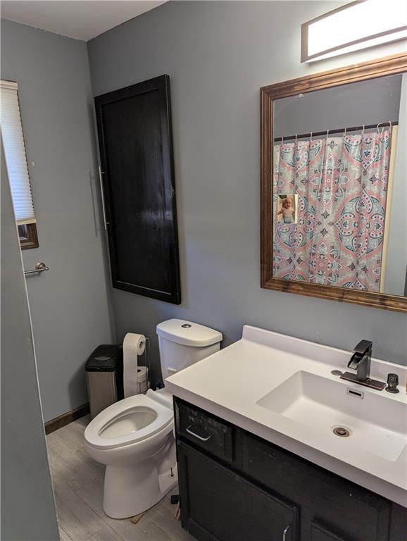 full bathroom featuring toilet, vanity, a shower with curtain, and wood finished floors