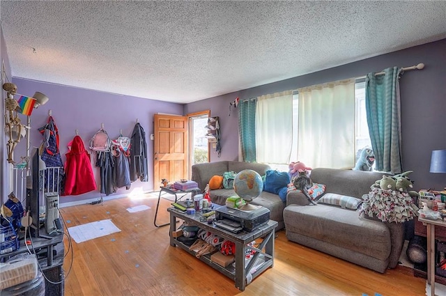 living room with a textured ceiling and hardwood / wood-style flooring