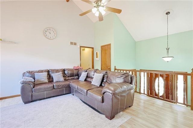 living room with visible vents, high vaulted ceiling, wood finished floors, and a ceiling fan