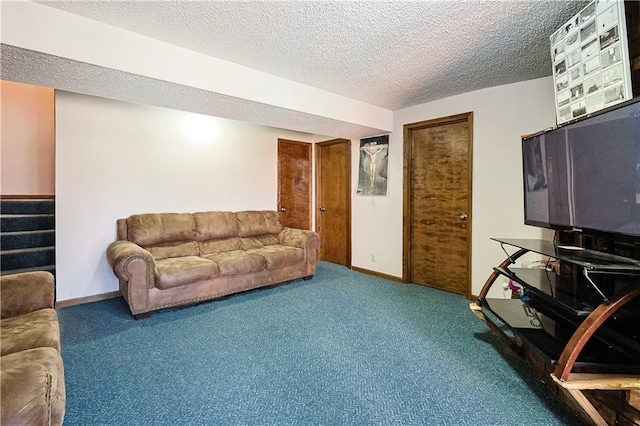 living room with stairway, baseboards, a textured ceiling, and carpet flooring