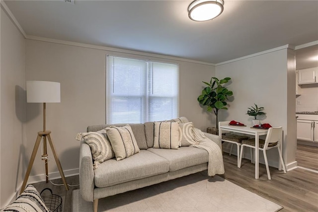 living room featuring ornamental molding, baseboards, and wood finished floors