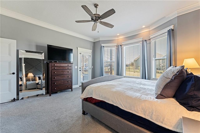 carpeted bedroom featuring access to exterior, crown molding, baseboards, recessed lighting, and a ceiling fan