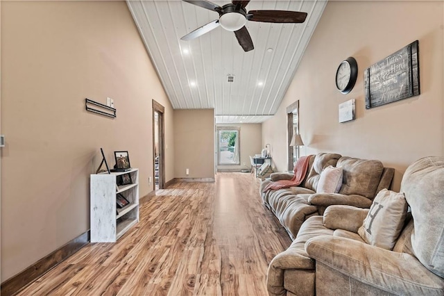 living room featuring wood ceiling, ceiling fan, high vaulted ceiling, light wood-type flooring, and baseboards