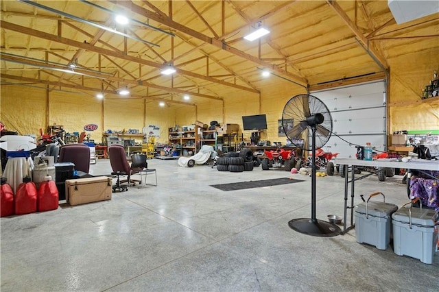 garage with a workshop area