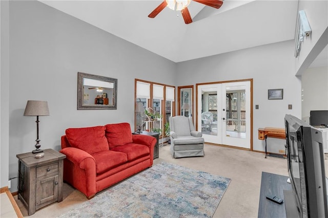 756 NW S Shore Dr, Lake Waukomis, MO 64151 - living area featuring ceiling fan, light carpet, baseboards, and french doors