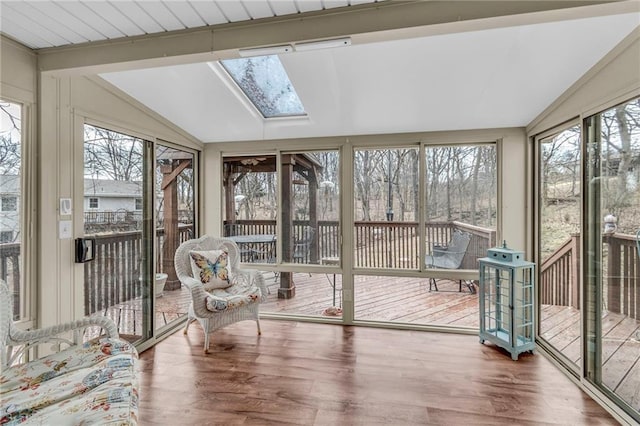756 NW S Shore Dr, Lake Waukomis, MO 64151 - unfurnished sunroom with lofted ceiling, a skylight, a deck, and wood finished floors