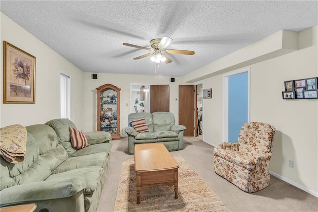756 NW S Shore Dr, Lake Waukomis, MO 64151 - living area with light carpet, a ceiling fan, baseboards, and a textured ceiling