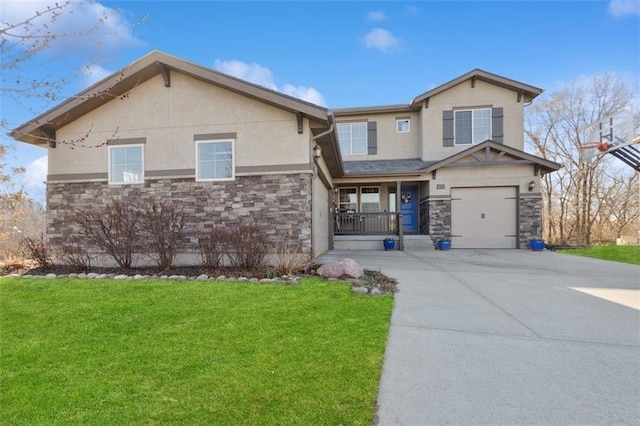 view of front of house featuring a front lawn, stone siding, driveway, and stucco siding