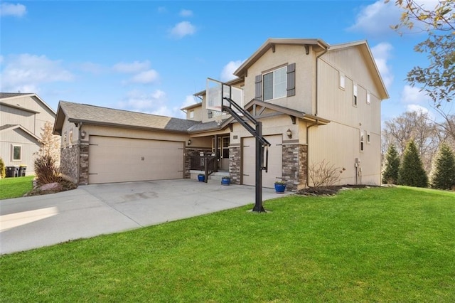 view of front of property with a garage, stone siding, driveway, and a front lawn