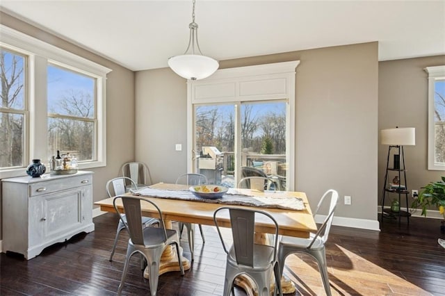 dining area featuring baseboards and dark wood-style flooring