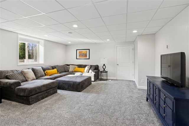 carpeted living area with recessed lighting, a paneled ceiling, and baseboards