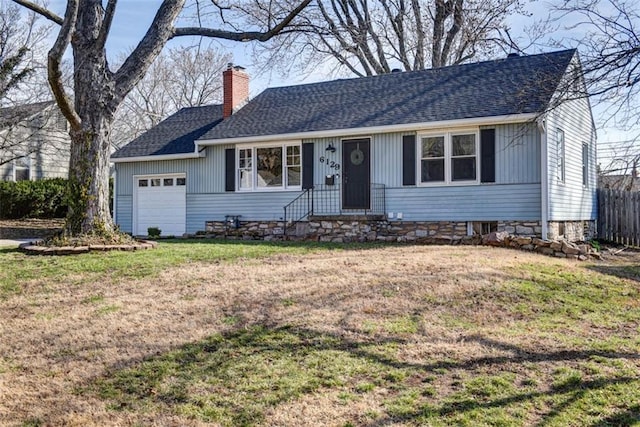 ranch-style house featuring a front yard, fence, an attached garage, a shingled roof, and a chimney