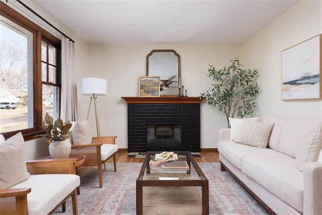 living area featuring baseboards, wood finished floors, and a fireplace