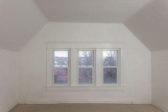 bonus room featuring carpet, vaulted ceiling, and a textured ceiling