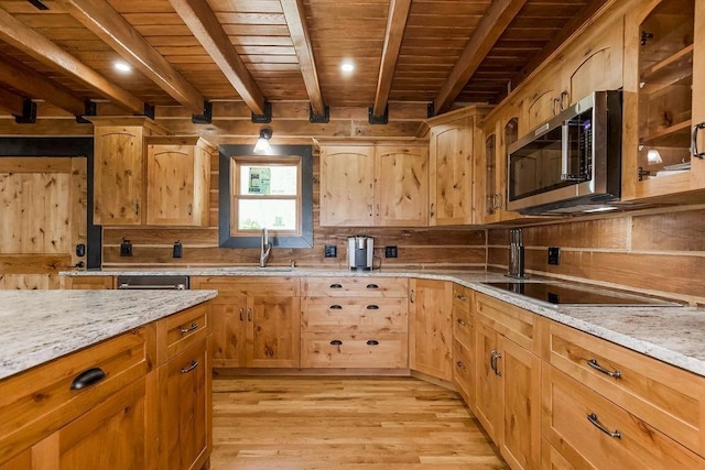 kitchen featuring wood ceiling, stainless steel microwave, a sink, black electric stovetop, and backsplash