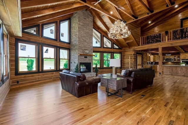 living area featuring wood ceiling, wood finished floors, wood walls, a fireplace, and a notable chandelier