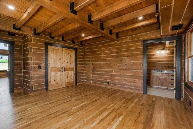 spare room with beamed ceiling, hardwood / wood-style flooring, wood ceiling, and wooden walls