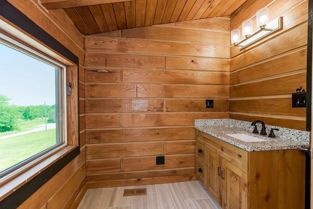 bathroom featuring wooden ceiling, vanity, visible vents, and wooden walls