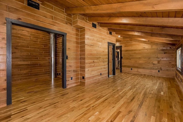 spare room with vaulted ceiling with beams, wooden ceiling, wood finished floors, and wooden walls