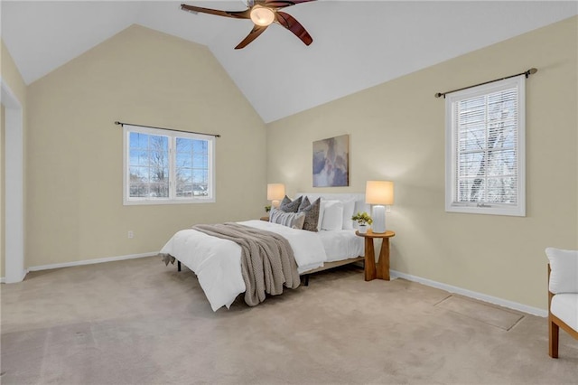 bedroom with light carpet, baseboards, and vaulted ceiling