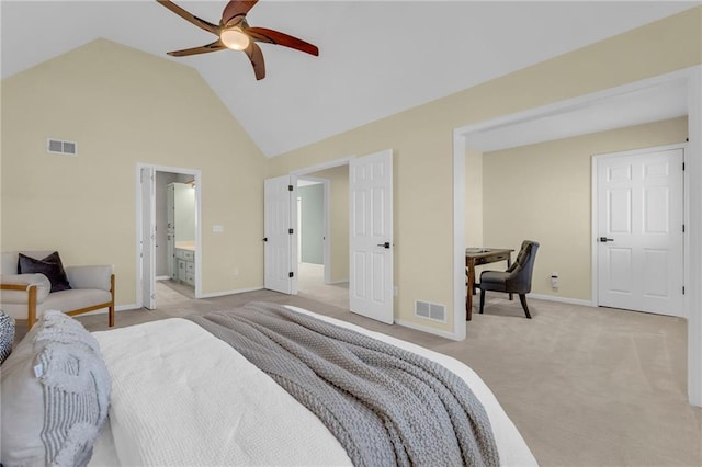 bedroom with light carpet, visible vents, high vaulted ceiling, and baseboards