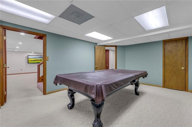 rec room with a drop ceiling, baseboards, light carpet, and billiards