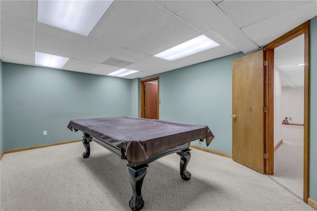 rec room featuring a paneled ceiling, baseboards, billiards, and carpet flooring