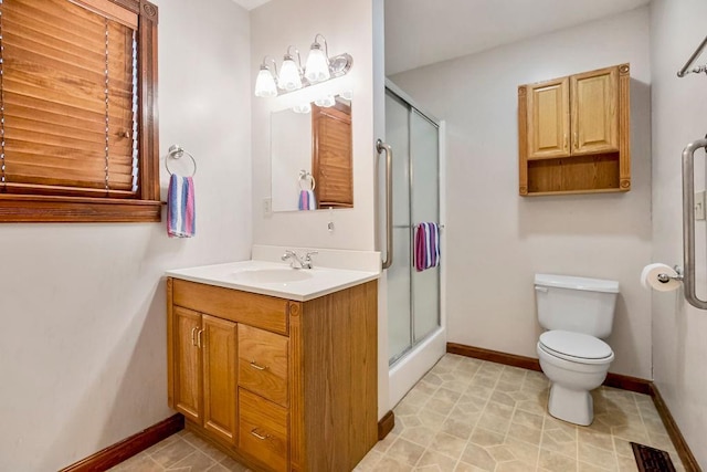 full bathroom with visible vents, toilet, a stall shower, vanity, and baseboards