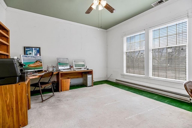 office space featuring visible vents, baseboard heating, a ceiling fan, and ornamental molding