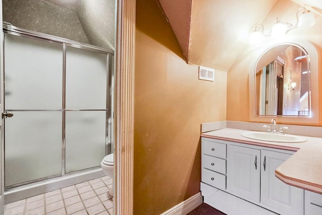 full bath with visible vents, toilet, tile patterned flooring, vanity, and a shower stall