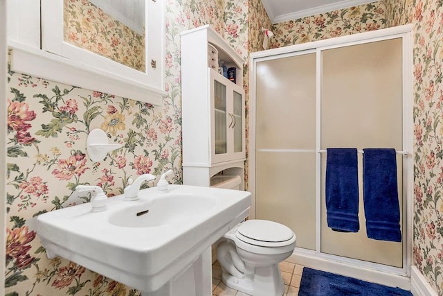 510 E Chippewa St, Paola, KS 66071 - bathroom featuring wallpapered walls, a stall shower, tile patterned flooring, and crown molding