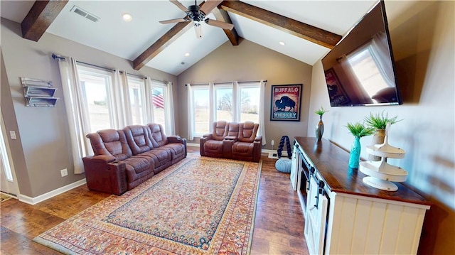 living area with visible vents, lofted ceiling with beams, baseboards, and wood finished floors