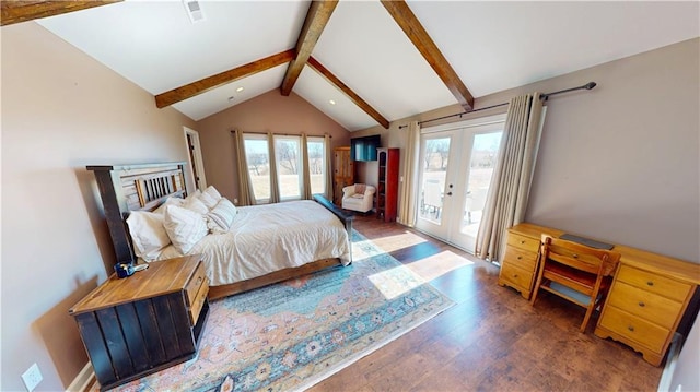 bedroom with french doors, visible vents, lofted ceiling with beams, wood finished floors, and access to outside