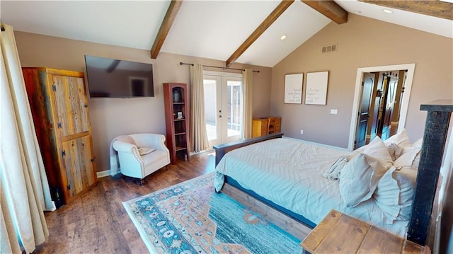 bedroom featuring visible vents, lofted ceiling with beams, wood finished floors, access to outside, and french doors